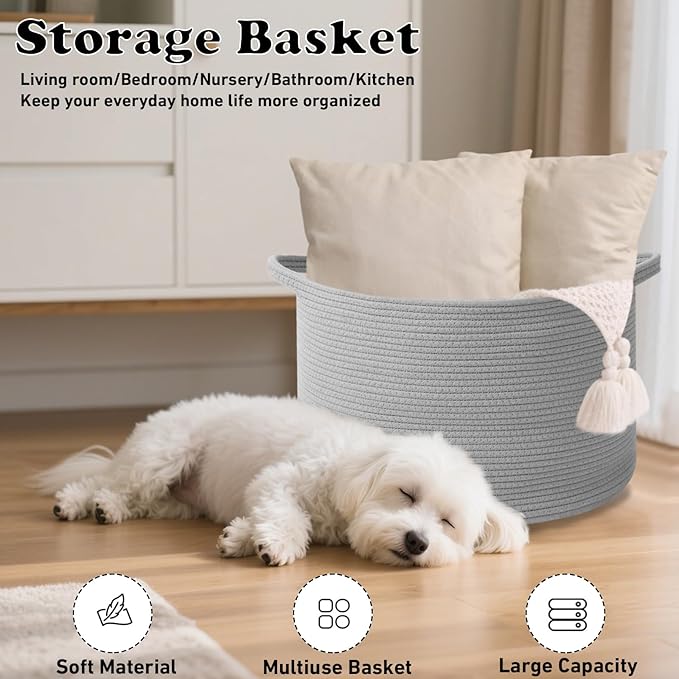 Large Blanket Basket for Organizing,65L Closet Organizers and Storage Bins Box for Shelves Woven Rope Storage Baskets,Living Room,Bedroom,Dorm,Laundry room (Light Grey)