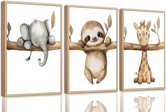 3Pcs Nursery Animal Wall Art Safari Nursery Canvas Poster Prints Jungle Kids Painting Cute Animal Elephant Sloth Giraffe Artwork Picture Wall Decor for Boys Room Girls Room 16x24in Unframed