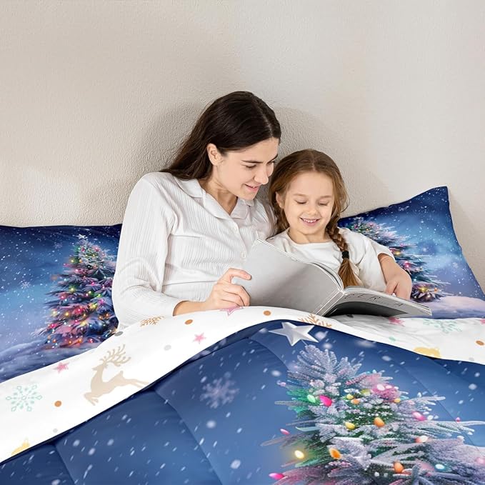 Feelyou Christmas Comforter Set All Season Xmas Tree Bedding Set with 2 Pillow Cases Colored Light Strips Microfiber Kids King Bedclothes Snowflake Bedroom Decor Duvet Quilt Breathable Soft