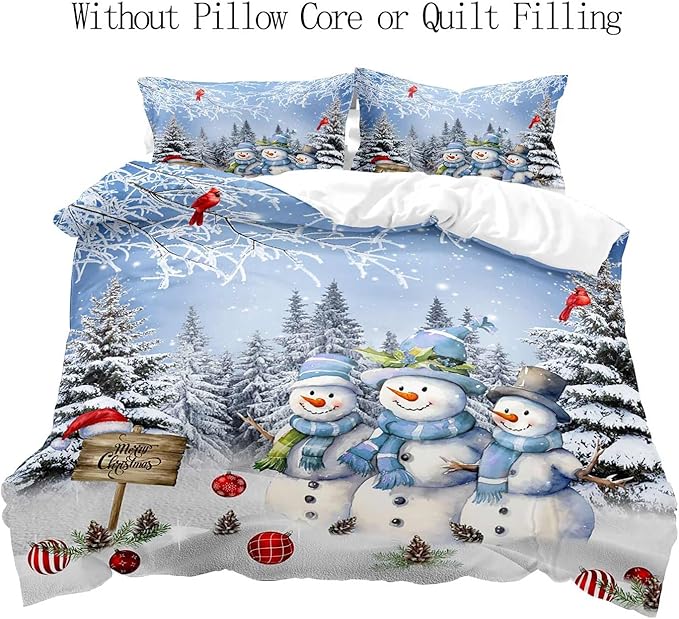 LUVIVIHOME 3PCS Snowman Duvet Cover Full Bedding Set, Boys Girls Kids Bedding, Red Cardinal Bird Santa Hat Xmas Balls Christmas Tree Winter Holiday Light Blue Christmas Comforter Cover, 2 Pillow Cases