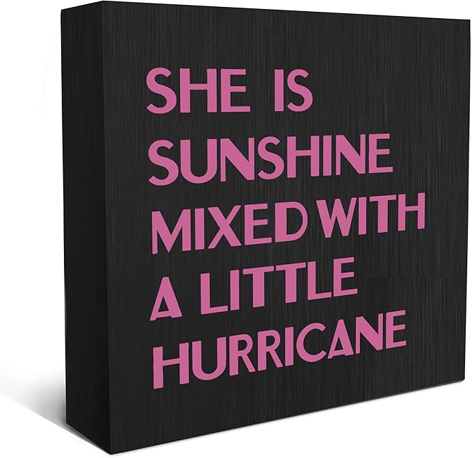SRADMO She Is Sunshine Mixed with a Little Hurricane Boho Purple Wood Box Sign Desk Decor, Baby Girls Inspirational Wooden Box Decor for Girls Room Nursery Shelf Table Decorative Accessories (Black)