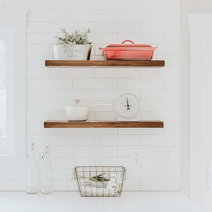 URBANDI, Rustic Floating Shelves, Set of 2, Hidden Bracket, Solid Wood, Heavy Duty, Wall Mounted Shelves, (Provincial, 24Wx6D)