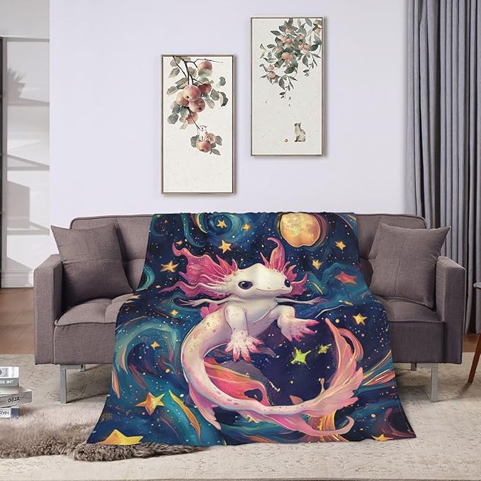 Axolotl Blanket Outer Space Salamander Gifts Throw Blanket Super Soft Flannel Lightweight Fluffy Plush Cozy Fuzzy Fleece Axolotls Decor Blanket for Girl Woman Boys Kids Adults for Bed Sofa 40"X50"