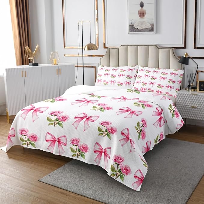 Pink Bowknot Kids Bedspread King Size,Rose Flowers Valentine's Day Romantic Coverlet Set,Girls Women Room Decor,Pink Bow Tie Knot Princess Quilted Coverlet,Dreamy Bedding Quilt,2 Pillowcases