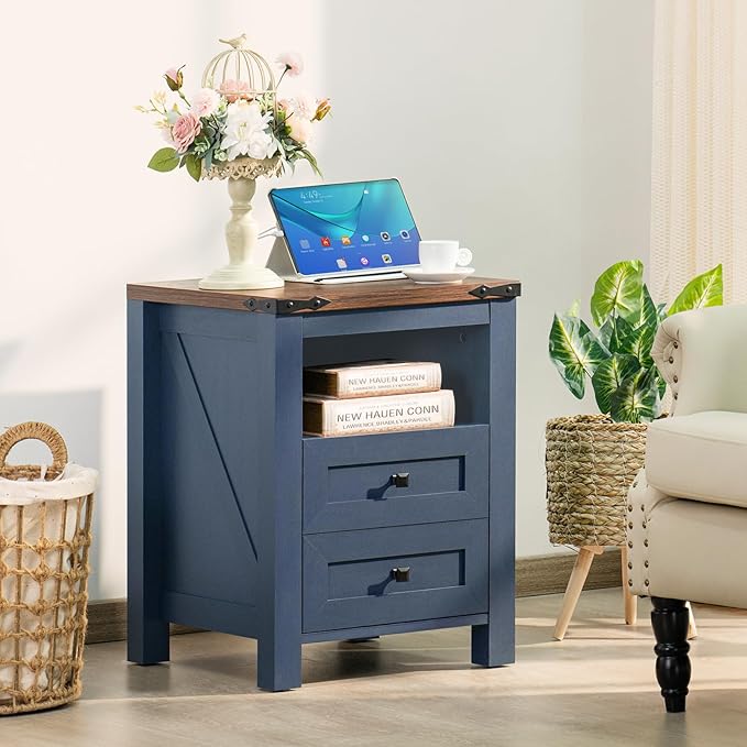 Farmhouse Living Room Sets, Night Stands Set of 2 and 6 Drawers Dresser for Bedroom, 54 Inch Wide Wood Dresser and 18.1" Night Stands with Charging Station for Bedroom, Living Room, Hallway