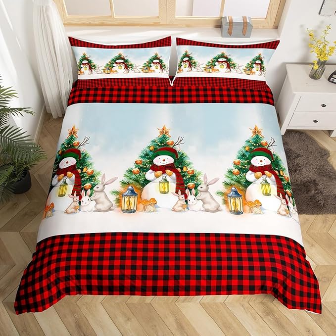 Manfei Red Plaid Duvet Cover Set Twin Size, Snowman and Xmas Tree Print Bedding Set 2pcs for Kids Boys Girls Bedroom Decor, Christmas Theme Comforter Cover with 1 Pillowcase,No Comforter
