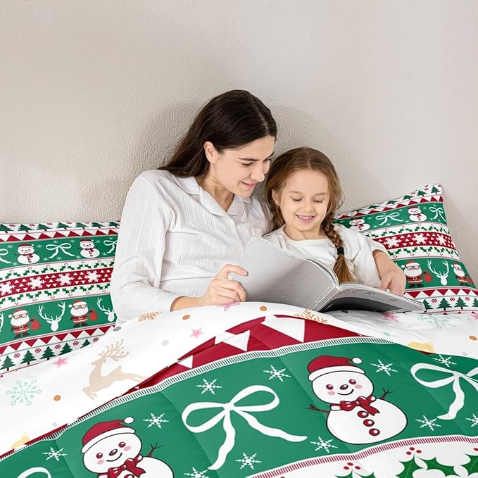 Feelyou Merry Christmas Tree Comforter Set Queen Size Cute Snowman Bedding Set for Kids Boys Girls Santa Claus Duvet Quilt Cartoon Bowknot Bedroom Decor Microfiber 3 Pcs with 2 Pillow Cases