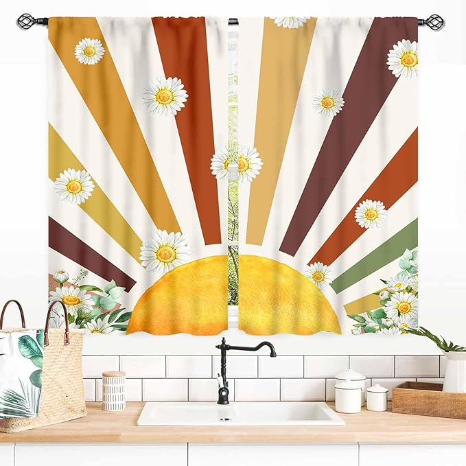 Boho Rainbow Curtains, Watercolor Bohemian Modern Abstract Daisy Floral Abstract Aesthetic Rainbow Blackout Window Treatments for Kids Girls Baby Bedroom Living Room Bathroom 2 Panels, 55x39 Inch
