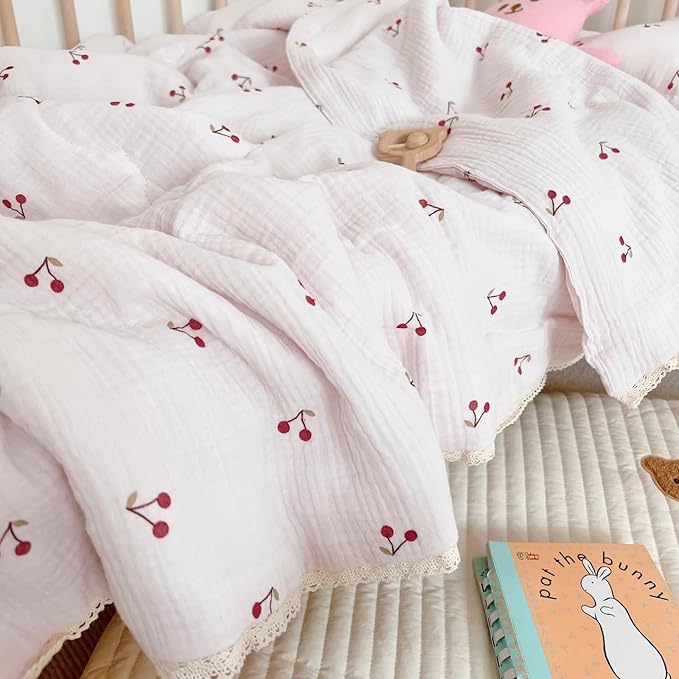 BuLuTu Kids Toddler Muslin Cotton Quilted Blanket 60x78 Inches, Cute Cherry Print Children Comforter for Toddler/Twin Bed, Soft Breathable Boys Girls Quilt, Machine Washable
