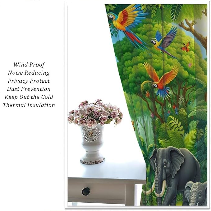 Animals Window Curtain Cartoon Jungle Forest Elephant Lion Print Curtains for Kids Boys Girls Nursery Baby Bedroom Playroom Home Decor Window Drapes 52" W X 84" L