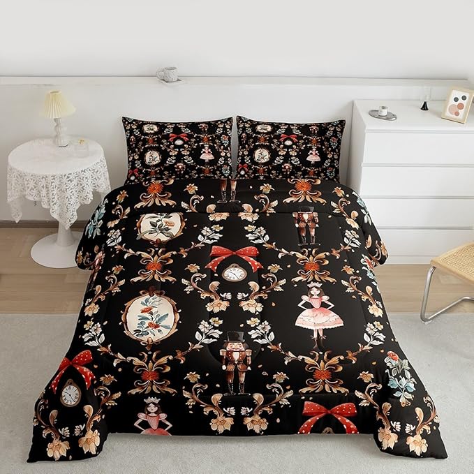 Feelyou Christmas Kids Comforter Set King Size Nutcracker Bedding Set Soldier Royal Guarder Princess Duvet Quilt for Kids Boys Girls Bedroom Flower Bow Decor Microfiber Ultra Soft Breathable