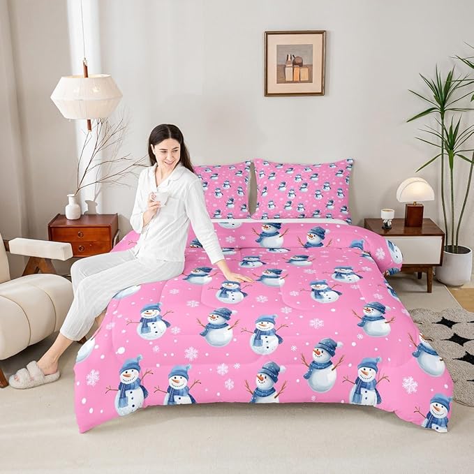 jejeloiu Kids Cute Winter Snowman Comforter Set Toddler Pink Christmas Theme Bedding Set for Boys Girls Teens Xmas Snowflake Happy New Year Duvet Quilt Room Decor