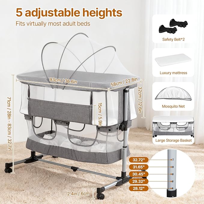 Bassinet Bedside Sleeper, 3-in-1 Baby Bedside Bassinet, 5 Height Adjustable Rocking Baby Crib, Breathable Full Mesh, Mosquito Net, Storage Basket, Stable and Secure Bassinets for Newborn Infant