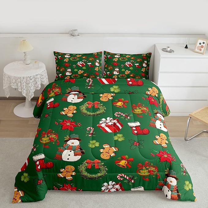 jejeloiu Merry Christmas Comforter Set King Size Cute Snowman Bedding Set for Kids Boys Girls Gingerbread Man Duvet Quilt Green Bedroom Decor