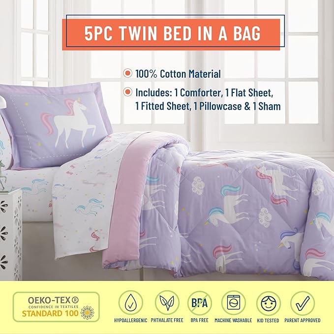 Wildkin 5-Piece Twin Bedding Set – 100% Cotton Comforter, Sheets & Pillowcase for Cozy Cuddles - Unicorn