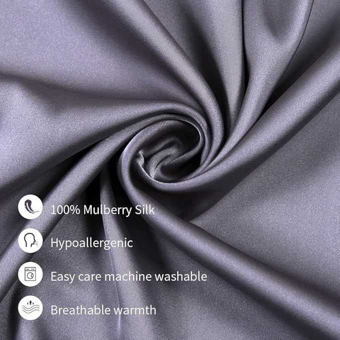 100% Mulberry Silk Pillowcases Set of 2 for Hair and Skin and Super Soft and Breathable Queen Size Nature Silk Pillowcases (Queen, Gray)