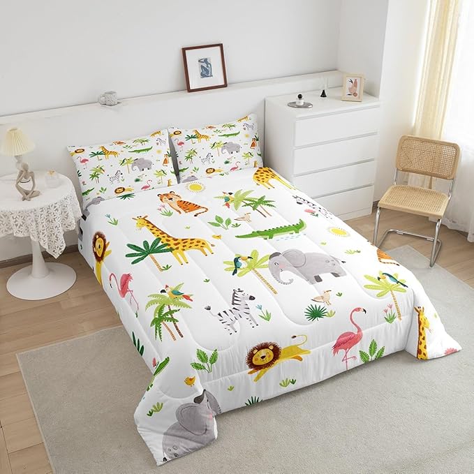 Feelyou Kids Safari Animal Bedding Set King, Nursery Baby Boy Cartoon Lion Jungle Comforter Set Woodland Forest Wildlife Comforter for Kids Boys Girls Kawaii Flamingo Duvet Set 3Pcs