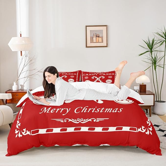 jejeloiu Christmas Bedding Set for Kids Boys Girls Christmas Quote Comforter Cover Set Queen Size Candy Canes Print Duvet Cover Bedroom Decor Xmas Red Bedspread Cover Bedding Collection 3Pcs