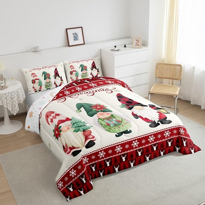 Merry Christmas Kids Comforter Set Full Size,Deer Antler Santa Claus Bedding,Girls Boys Adults Bedroom/Xmas Cabin Decor,Snowflake Pine Trees Plaid Down Comforter,Rustic Duvet Insert,2 Pillowcases