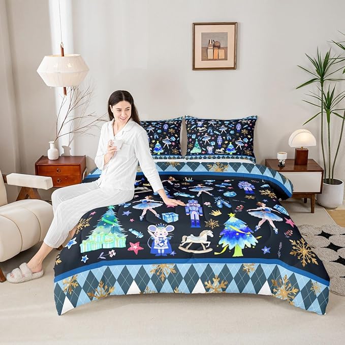 Feelyou Merry Christmas Kids Comforter Set Full Size Ballet Nutcracker Bedding Set Snowflake Duvet Quilt for Kids Boys Girls Bedroom Decor Microfiber Ultra Soft Breathable