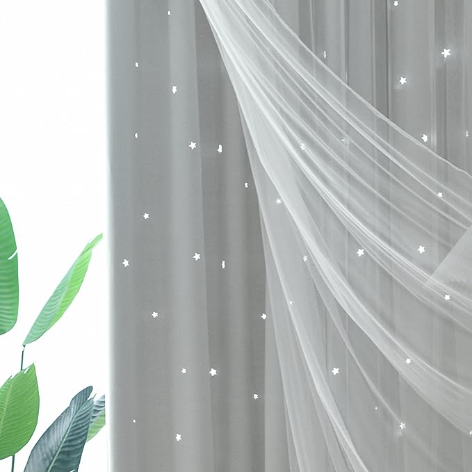 Kinryb Kids Star Cutout Curtains for Bedroom/Living Room/Classroom,2 Free Tiebacks Sheer Overlay 2 Panel Set, Double Layer Curtains for Kids Room(Each Piece W70xL84 Inches 2 Pcs Greyish White)