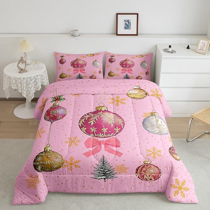 Erosebridal Merry Christmas King Bedding Sets Xmas Tree Comforter Sets Kids Snowflake Happy New Year Down Comforter for Boys Girls Pink Bownot Decor Bed Set