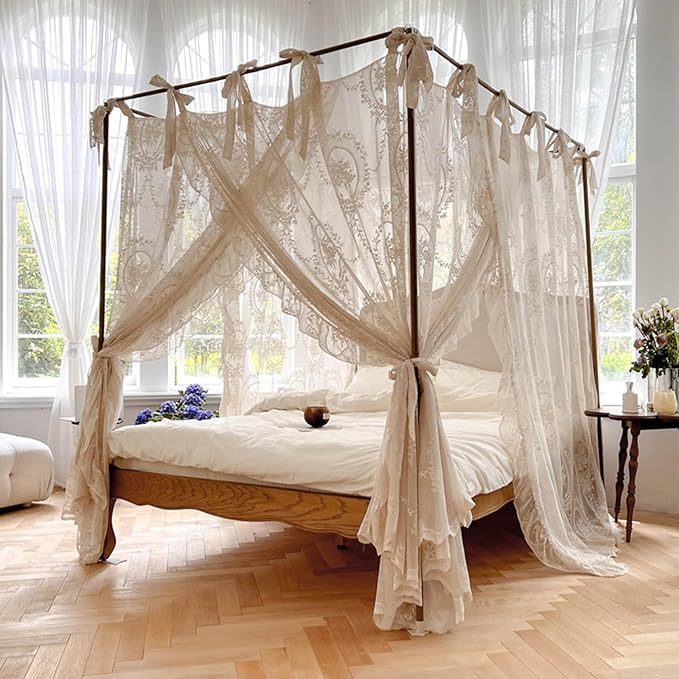 Bed Canopy, 4 Corner Post Canopy Bed Curtains, Lace Mosquito Net for 1.5m/4.92ft Beds, Beige (Frame Not Included), Mosquito Netting Tent