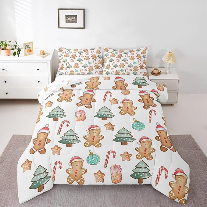Feelyou Pink Gingerbread Comforter Set Queen Size Christmas Bedding Set for Kids Boys Girls Candy Cane Duvet Quilt Xmas Bedroom Decor Microfiber 3 Pcs with 2 Pillow Cases