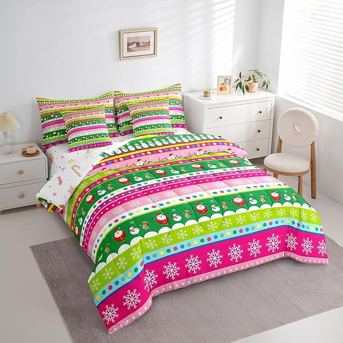 Feelyou Christmas Bed Set Snowman Christmas Reindeer Print Comforter Set with Sheets Xmas Santa Claus Bed in a Bag for Kids Girls New Year Theme Bedding Set Bedding Queen Size