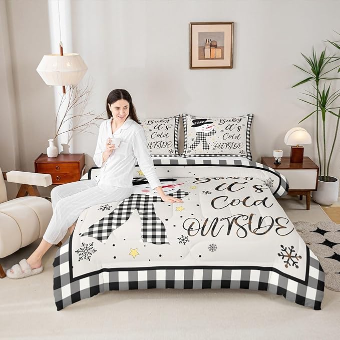 Kids Christmas Snowman Comforter Set Queen Size,Snowflake Winter Bedding,Girls Boys Adults Bedroom/Xmas Cabin Decor,Geometric Grids Lattice Down Comforter,Rustic Vintage Duvet Insert,2 Pillowcases