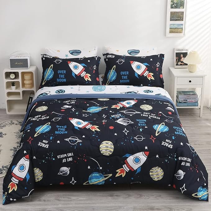 Wajade Kids Space Comforter Set Bed in A Bag Queen Size 7 Piece 3D Space Rocket Planets Bedding Set for Teens Boys Girls (1 Comforter, 1 Flat Sheet, 1 Fitted Sheet, 2 Pillowcase and 2 Pillow Sham)