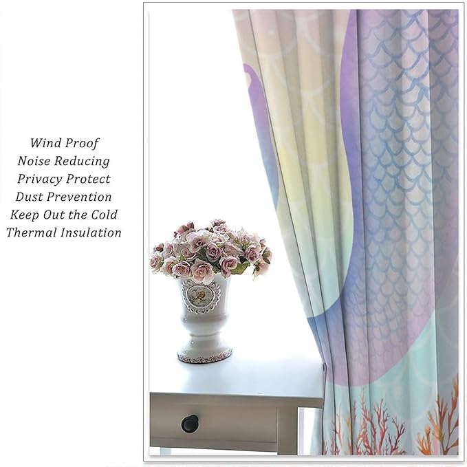 Dream Mermaid Curtains Colorful Mermaid Fish Tail Scale Fantasy Ocean Theme Beautiful Kids Window Treatment for Girls Bedroom Nursery Room Decor Rod Pocket Window Drapes 63x72in