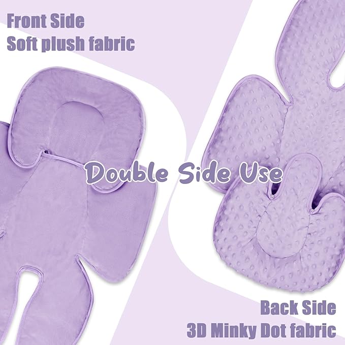 2 in 1 Infant Car Seat Insert Head and Body Support Set, Reversible Newborn Insert for Carseat with 3 Extra Strap Paddings, Soft Stroller Cushion Pillow Insert Girls, Fits for Stroller, Swing, Purple