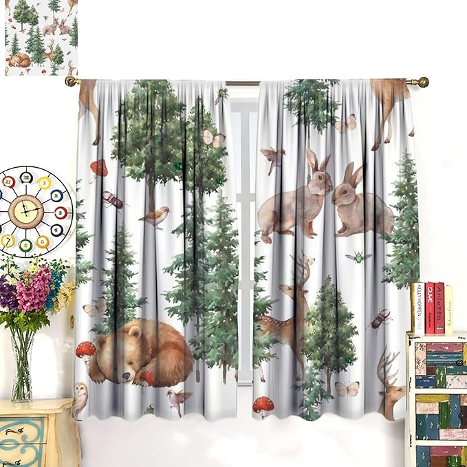 YCness Forest Animal Curtains, Wild Animals Watercolor Woodland Bear Rabbit Cartoon Window Treatments for Kids Bedroom Living Room Kitchen Living Room Drapes, 72x63 Inch