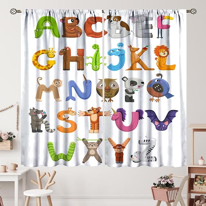 Kids Alphabet Curtains Cartoon Animal Baby Children Funny Learning Educational Curtain with Rod Pocket for Bedroom Nursery Decor Drapes Window Treatments 2 Panels Set 84x84in