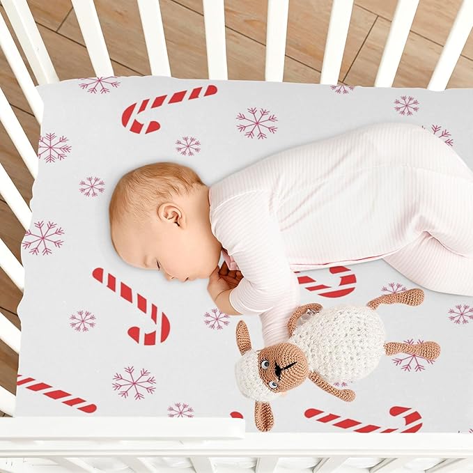 Crib Sheet, Unisex Crib Sheet, Soft and Comfortable for Standard Crib and Toddler Mattress, Christmas Cane Candy
