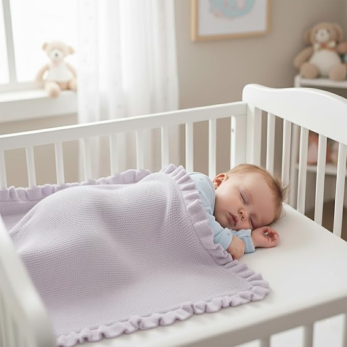 Cotton Baby Blanket with Ruffle Edge Soft Breathable Newborn Blanket for Boys & Girls, Lightweight Knit Throw for Crib, Stroller & Nursery Multiple Colors Available Lilac 30x40