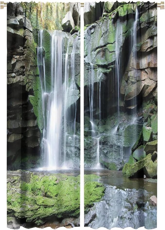Forest Waterfall Blackout Windows Curtains, Rocky Waterfall to Pond Running Off Scenic Nature Themed Picture Print Curtains, for Living Room Bedroom 42x63in 2 Panels