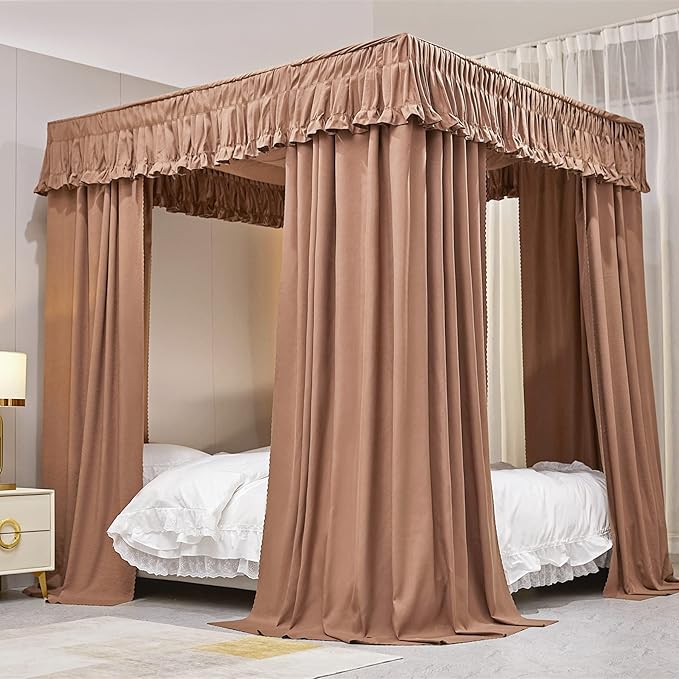 VETHIN Elastic Roof Style Four Corner Post Princess Bed Canopy Curtains Cozy Breathable Tent Canopy Mosquito Net for Girls & Adults Bedroom Decoration (Brown, 59-64" W*82" L*82"*H/(Queen))