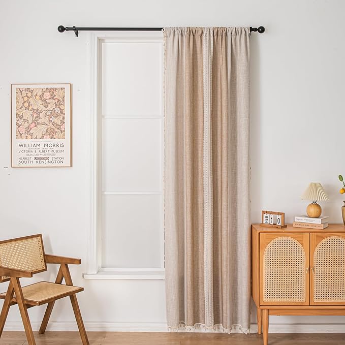 Deeprove Boho Curtains 63 Inches Length for Bedroom Kitchen Closet, Stripes Embroidery Weighted, Bohemian Farmhouse Window Treatment Drape Tassels, 1 Panel W52 x L63, Khaki and Coffee