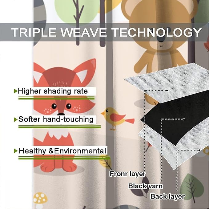 Kids Cartoon Forest Animal Curtains, Cute Woodland Animal Window Treatments for Bedroom Wildlife Fox Bear Deer Bunny Bird Blackout Window Drapes for Girls Boys Nursery Toddler Playroom 52x84in
