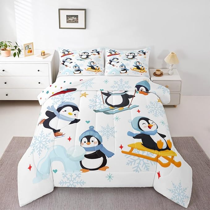 Cute Cartoon Skiing Penguin Twin Size Comforter Set for All Seasons,Winter Snowflake New Year Bedding Set Teens Bedroom Decor,Merry Christmas Theme Comforter Inner Fill with 1 Pillowcase