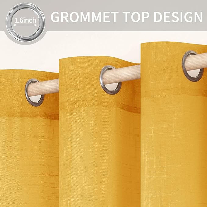 MIULEE 2 Panel 84 Inch Farmhouse Linen Sheer Window Curtains - Elegant Mustard Yellow Fall Drapes with Grommet Top - Voile Panels, Linen Textured for Bedroom, Living Room (52 X 84 Inch)