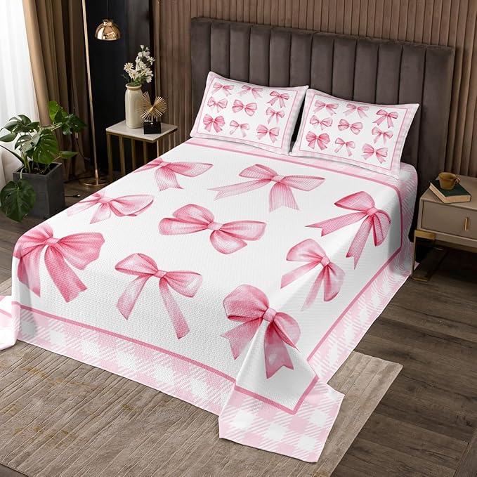 Pink Bowknot Kids Bedspread Queen Size,Geometric Plaids Grids Patchwork Fashion Coverlet Set,Girls Women Room Decor,Bow Tie Knot Princess Quilted Coverlet,Romantic Chic Bedding Quilt,2 Pillowcases