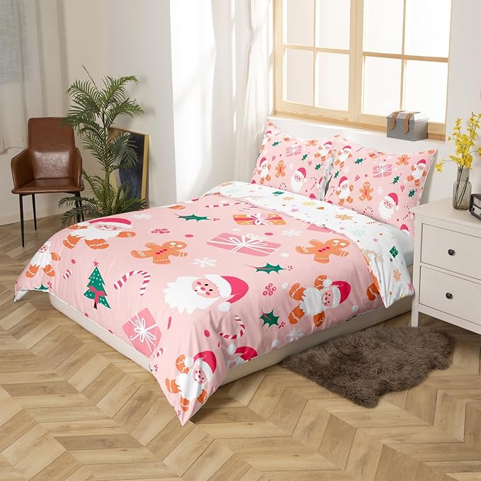 Feelyou Merry Christmas Bedding Set Cookies Candy Duvet Cover Set for Kids Boys Girls Pink Christmas Comforter Cover Quilt Cover Bedroom Collection 3Pcs King Size,No Comforter
