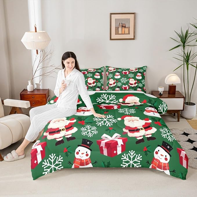 jejeloiu Merry Christmas Comforter Set Toddler Size Xmas Santa Claus Bedding Set for Kids Boys Girls Cute Snowman Duvet Quilt Green Bedroom Decor
