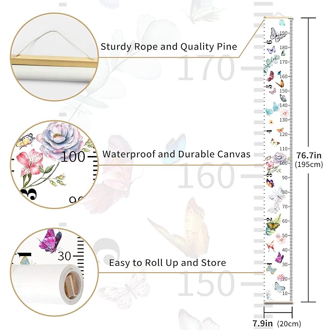Personalized Growth Chart for Kids, Baby Height Chart with Custom Name, 77"x7.9" Canvas & Black Wood Height Measuring Rulers for Boys Girls Removable Wall Ruler Hanging for Nursery Decor - Butterfly