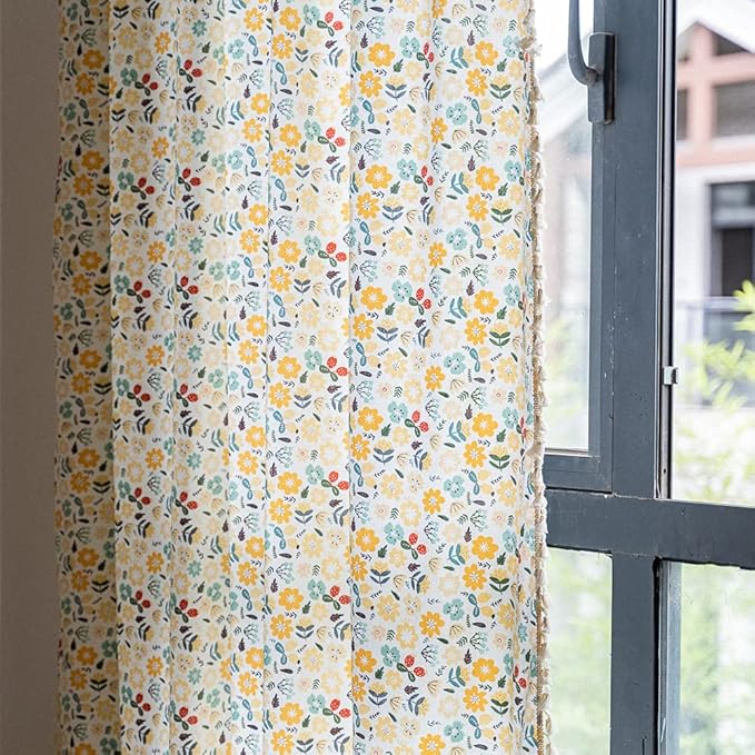 ENJOYBRIDAL Floral Curtains 96 Inch Length 2 Panels Tassel Boho Semi-Sheer Drapes Bedroom Living Room Farmhouse Rustic Country Yellow Green Flower Rod Pocket Cotton Linen Blend Window Curtain Panel