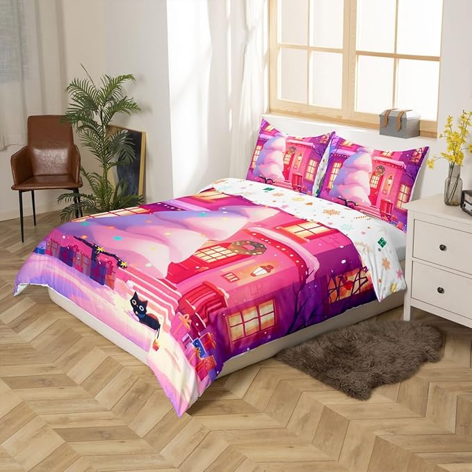 Feelyou Cute Christmas Comforter Cover Set - Tree Bedding Set Queen Size for Kids Boys Girls Bedroom Decor - Xmas Duvet Cover Merry Christmas Bedspread, No Comforter