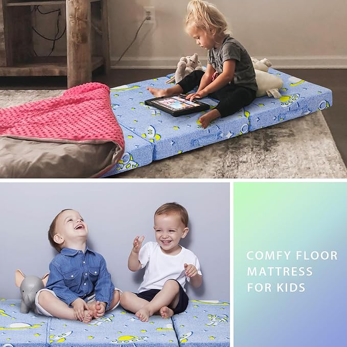 MeMoreCool Foldable Floor Mattress for Kids, Glow Toddlers Trifold Nap Mat, Kids Folding Mattress Portable Sleeping Futon for Daycare or Floor Bed, 57x22 Inch Blue